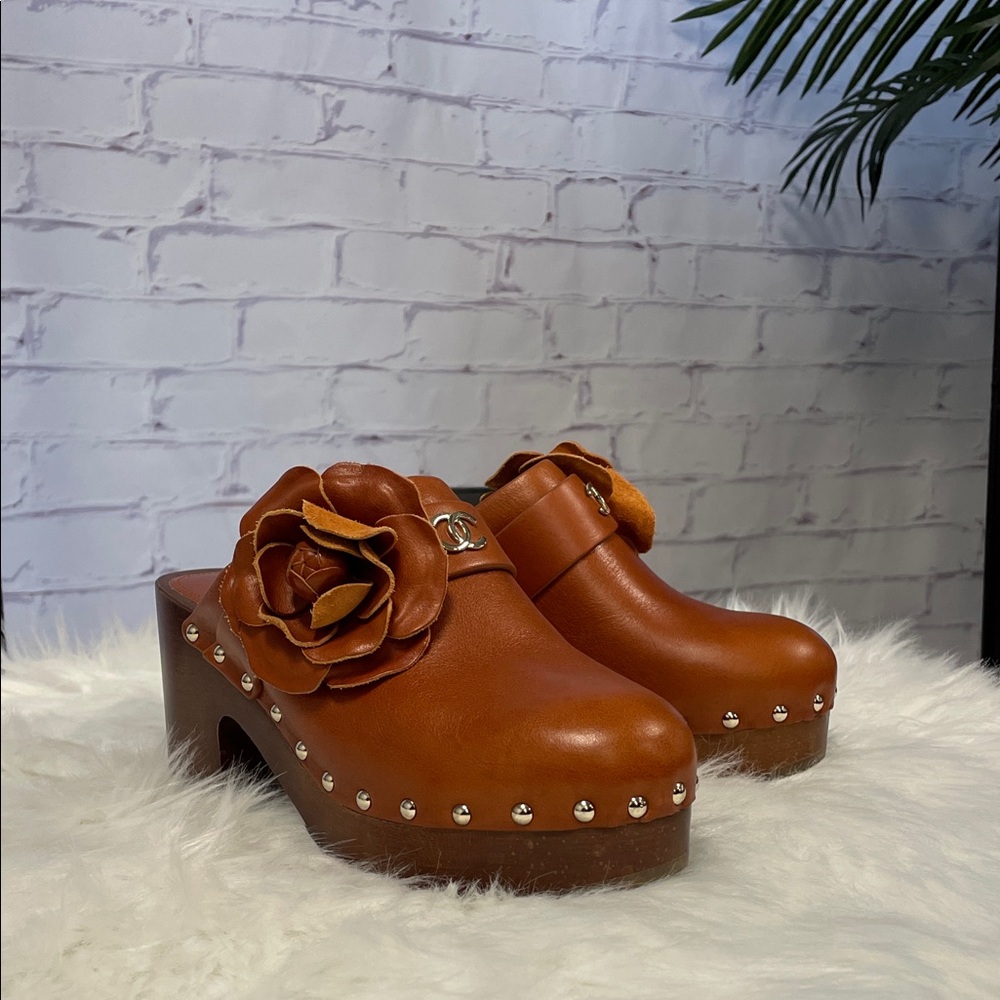 CHANEL Tan Leather Floral Clog Mules with Stud Accents